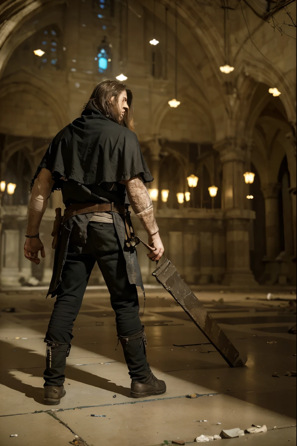 (Best quality, 8k, 32k, Masterpiece, UHD:1.2), "Transform the setting into a haunting cathedral in ruins, inspired by the Dark Souls game. Picture a vast, gothic cathedral, once grand and imposing, now in a state of decay. The high vaulted ceilings, once adorned with intricate carvings, are now cracked and crumbling. Stained glass windows, shattered and missing pieces, cast fragmented, eerie light patterns across the cold stone floor.
Massive stone pillars, some broken and leaning, line the nave, leading to a dilapidated altar. The remnants of religious iconography, worn and defaced, hint at a forgotten glory. Vines and overgrown foliage have begun to reclaim the structure, weaving through the cracks and creeping up the walls, adding a touch of nature's relentless march over time.
The atmosphere is heavy with a sense of melancholy and foreboding. Dust motes float through the air, illuminated by the pale light filtering through the broken windows. Shadows loom large, and the silence is occasionally broken by the distant echo of falling debris or the haunting whispers of the wind.
Ensure the cathedral's details evoke the oppressive and mysterious ambiance characteristic of Dark Souls, with an emphasis on desolation and the passage of time. The overall scene should capture the eerie beauty of a once-sacred space now left to ruin and despair."