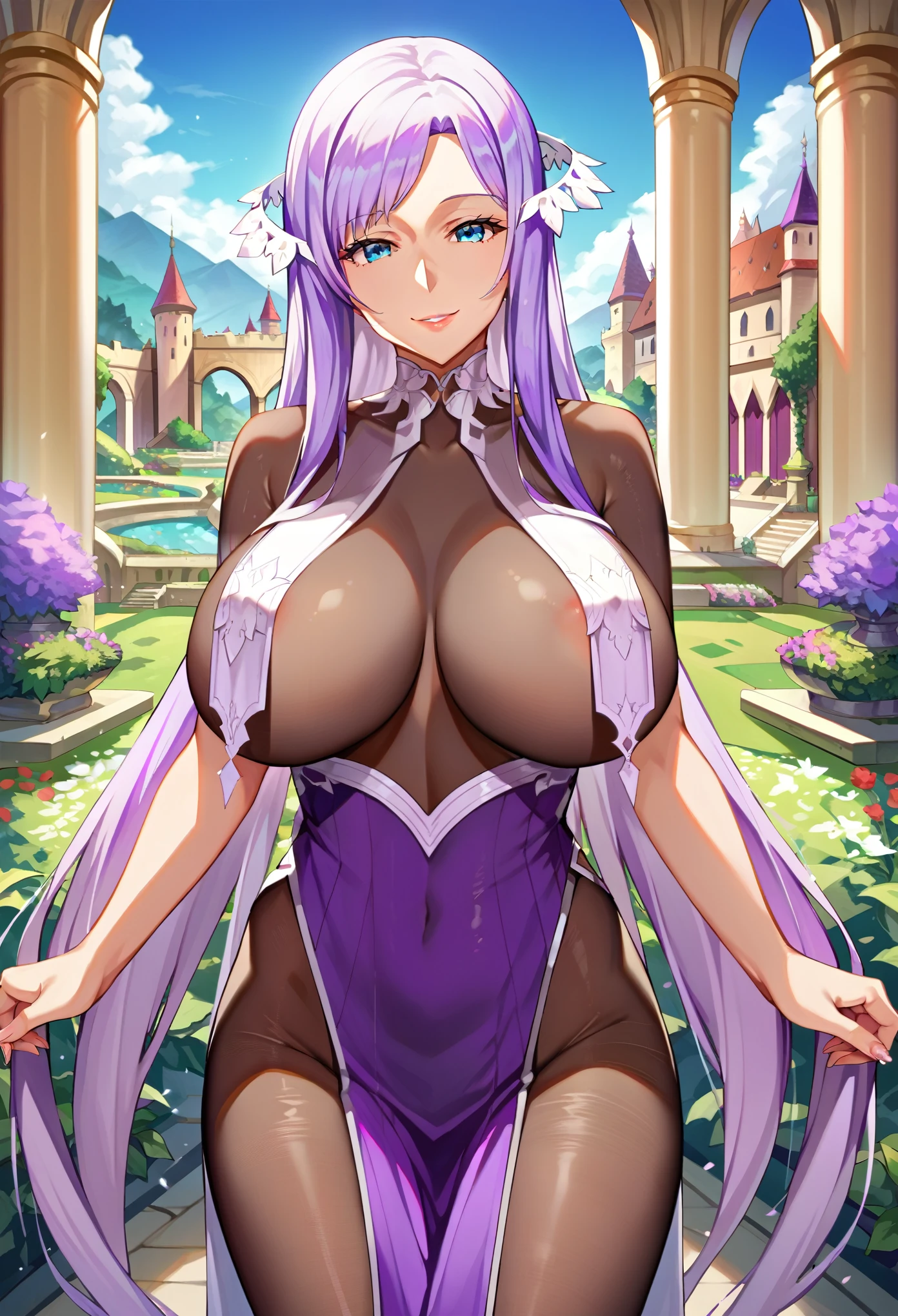 score_9, score_8_up, score_7_up, source_anime, masterpiece, best quality, extremely detailed, 1girl, milf, solo, quinella, (huge breasts:1.1), ((((purple hair), long hair, blue eyes))), parted lips, (((bodystocking, dress, breast curtains, pelvic curtain))), ((naughty smile), closed mouth), ((castle, garden))