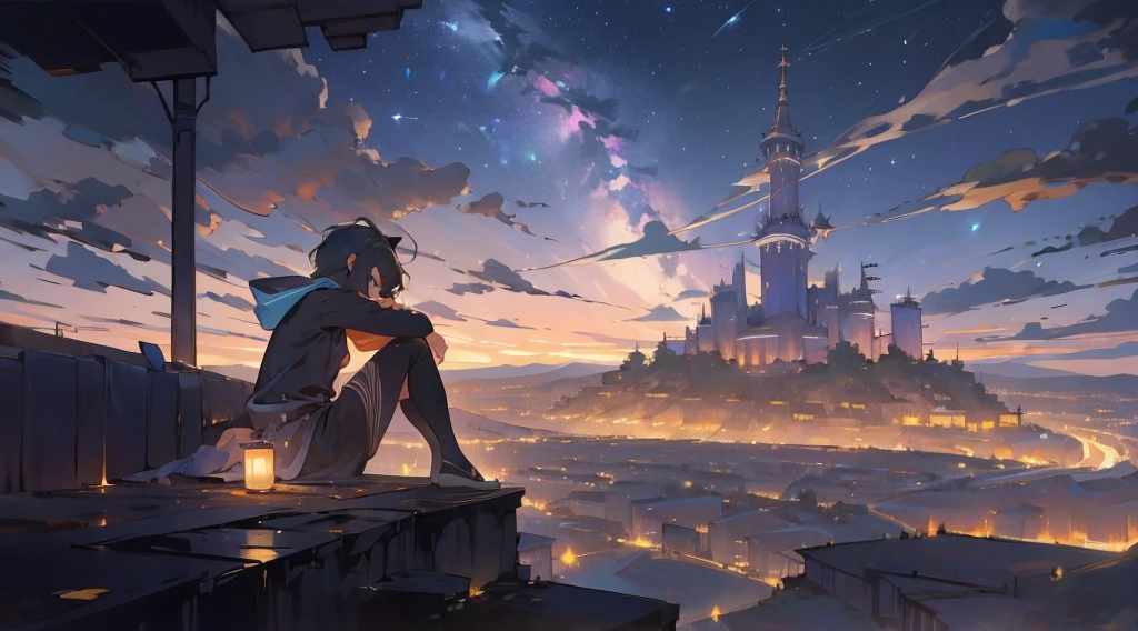 masterpiece,night,(dark alley),star、Night Sky、Overlooking the city、milky way、octone、
(uth), (独奏), Knee hugging sitting,acousticguitar