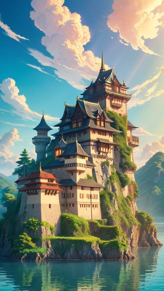 A majestic castle on a floating sky island, Reminiscent of a Japanese-style fortress, Floating on fluffy clouds, Bask in the warm sunlight, Emits vibrant colors. masterpiece.Ghibli,Howl's Moving Castle.Landscape painting.最高masterpiece,anime