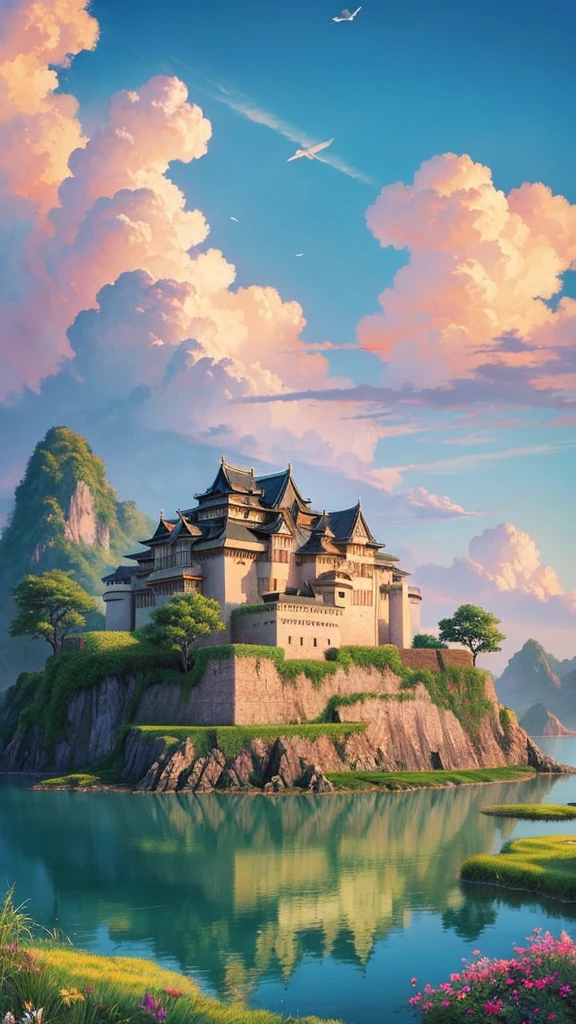 A majestic castle on a floating sky island, Reminiscent of a Japanese-style fortress, Floating on fluffy clouds, Bask in the warm sunlight, Emits vibrant colors. masterpiece.Ghibli,Howl's Moving Castle.Landscape painting.最高masterpiece,anime