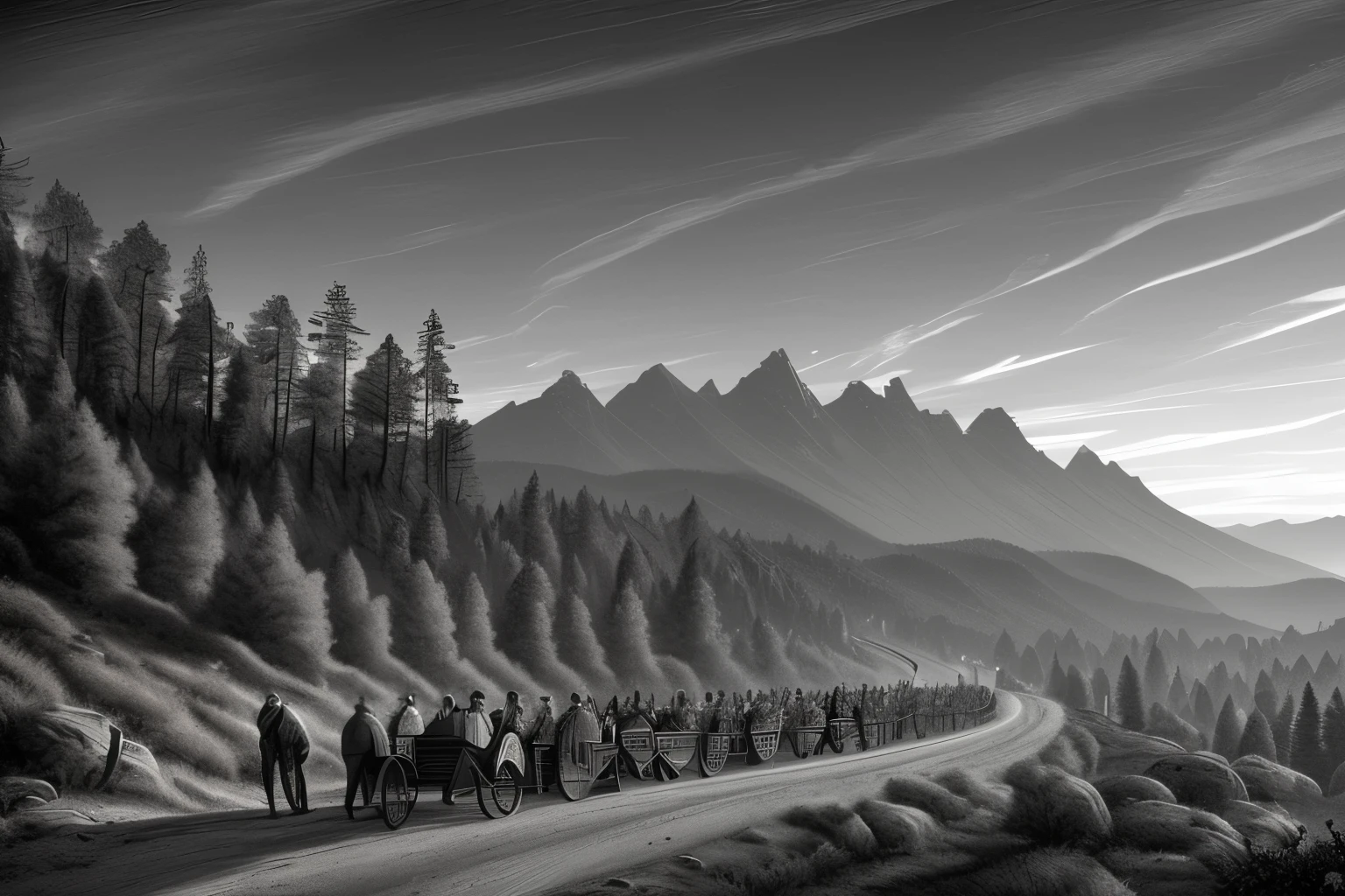 ((best quality),(masterpiece),(detailed)), a black and white detailed and intricated drawing of a medieval group of people with cart traveling in convoy on a mountain path, ornate medieval armor, horses pulling carriages, castle, pine trees, winding mountain road, lush forest, dramatic cloudy sky, intricate architectural details, high resolution, photorealistic, (cinematic:1.2), (fantasy:1.1), (renaissance:1.1), point of view on the side