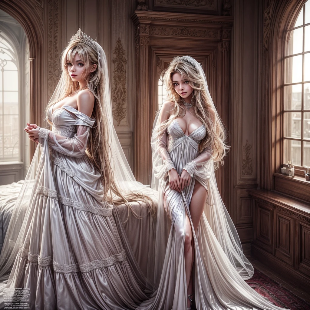 full body picture in the castle's bedroom,glamour, fashion photo, vogue magazine, beautiful, 18 years old, girl with messy hair, skinny, medium breast, pure eyes, makeup, details, higly detailed, Fashion Magazine, , sunset, rim light, cinematic lighting, long white shiny satin dress and veil,long sleeves, ,, (clear left side of the body:1.2), hair over right eye, ((disheveled hair)), sexy pose