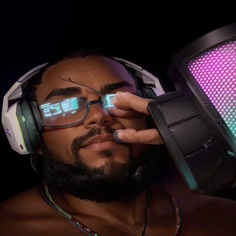 smiling black man with glasses and headphones holding a speaker, Serpentina do Twitch / gamer ludwig, profile photo 1024px, with headphones from ear, Serpentina do Twitch, playing music, Thick, taken at the beginning of 2020, new album cover, very low quality image, with headphones from ear, hitting the microphone, album photo, profile picture with headshot