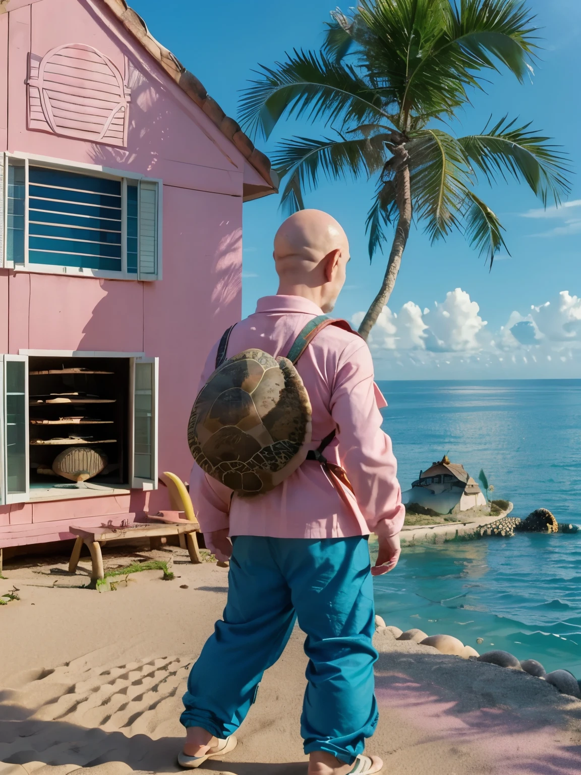 (masterpiece:1.2, best quality:1.2), ((1old man)), professional lightings, cinematic lightings, 8k wallpaper, ultra realistic portrait of Roshi, dragonball, Muten Roshi_dbz, (((ultra realistic exterior of Kame house, ultra detailed exterior of Kame house, pink color painted wall, red roof, small beach in front, palm trees & ocean))), ((chinese clothes)), bald, old man, beard, sunglasses, white hair, (((sea turtle’s shell on his back))), mustache, grabbing a wood stick, standing, full body, orange jacket, (blue pants), turtle shell backpack,