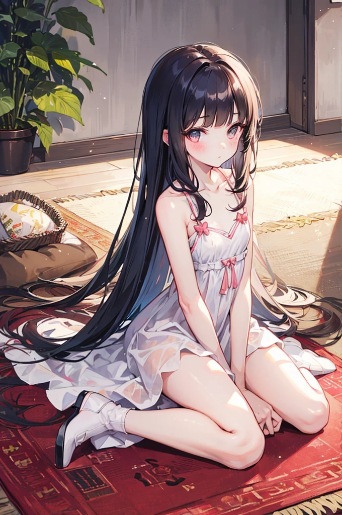 very litlle cat  , black very long hair , golden big cat ayes , parfect face , loliexy white dress
