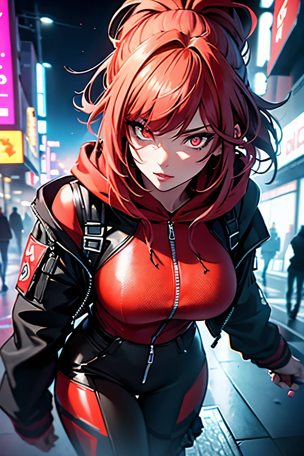 A stunning image of a red-haired woman, ponytail hair, your super detailed glowing eyes, full lips painted red, sculpted physique and wide hips. She wears a closed black leather jumpsuit, whose shiny surface accentuates its shape. A hooded sweatshirt with a neon pink interior covers your shoulders.. Walking down a busy street, She attracts curious glances. This image exudes realism, capturing the essence of a fragile and embarrassed figure. digitl art, high definition and photorealistic technique