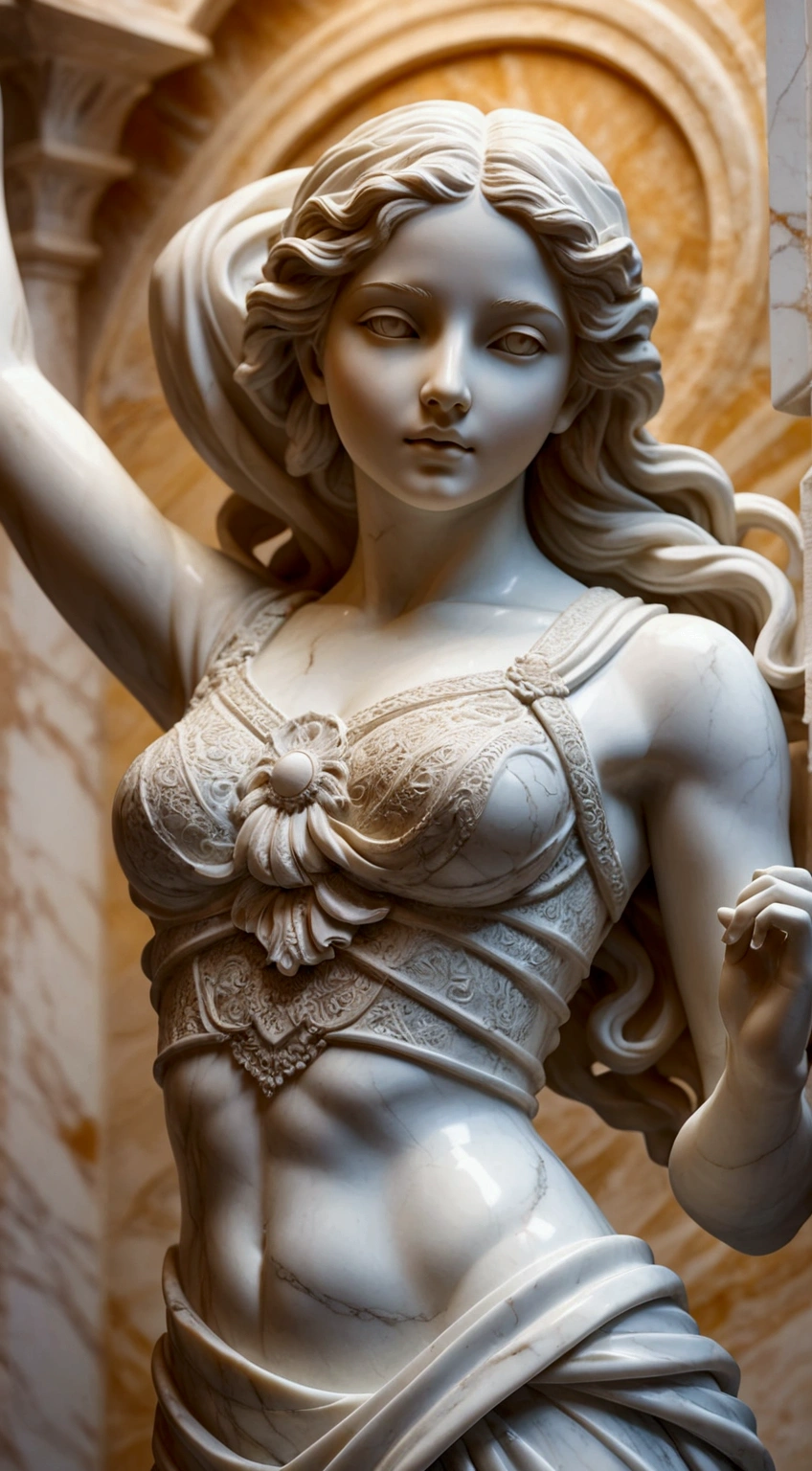 image of a {marble statue of 1girl stunning pose, photo_model pose, perfect, UHD, intricate detailed, 8k, best quality ever, masterpiece, super detailed, unleashed creativity, beyond imagination, dramatic light, gradient motion color background}, rough, solid stone, weathered and textured
