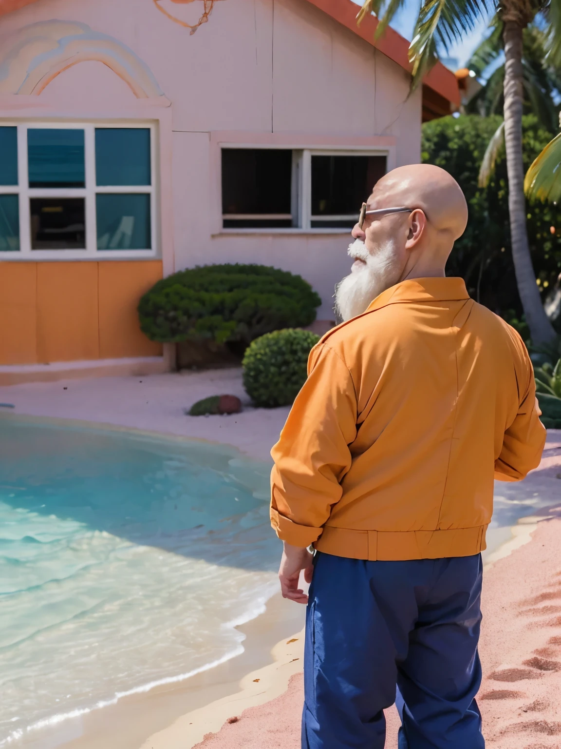 (masterpiece:1.2, best quality:1.2), ((1old man)), professional lightings, cinematic lightings, 8k wallpaper, ultra realistic portrait of Roshi, dragonball, Muten Roshi_dbz, (((ultra realistic exterior of Kame house, ultra detailed exterior of Kame house, pink color painted wall, red roof, small beach in front, palm trees & ocean))), ((Chinese clothes, orange jacket)), bald, old man, beard, sunglasses, white hair, ((sea turtle’s shell on his back)), mustache, standing, full body, (blue pants), turtle shell backpack, ((front view)), 