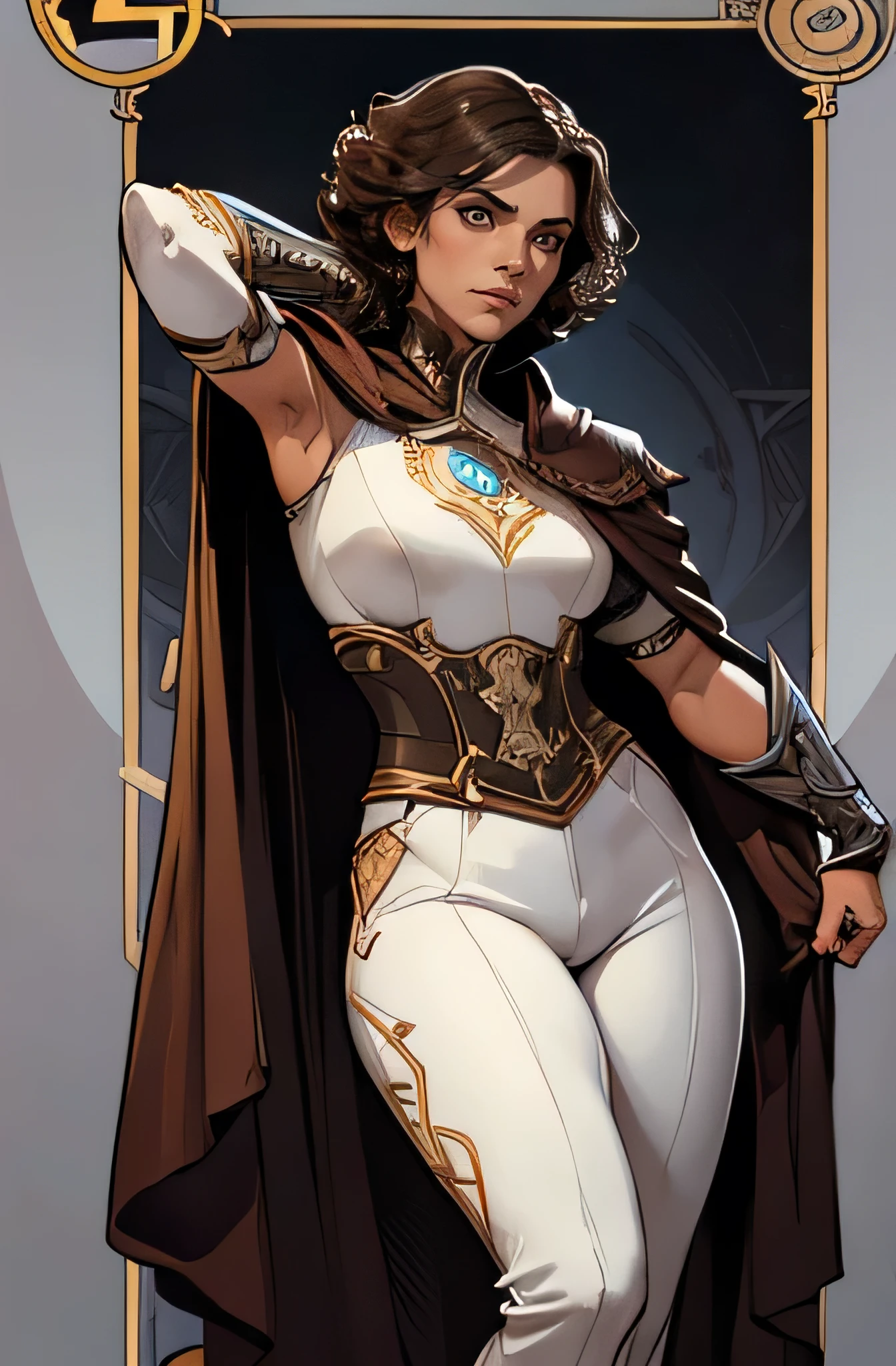 Elaborate border, brown androgynous man with silver eyes and short curly hair wearing white pants cold cape with a sheathed dagger,  good anatomy, dynamic pose, good proportions, Modern flair, vector, highly detailed, intrikate, work of art, realisitic, proffesional, black fantasy Diablo III,  Illustration by Alphonse Mucha (centred), (well framed)