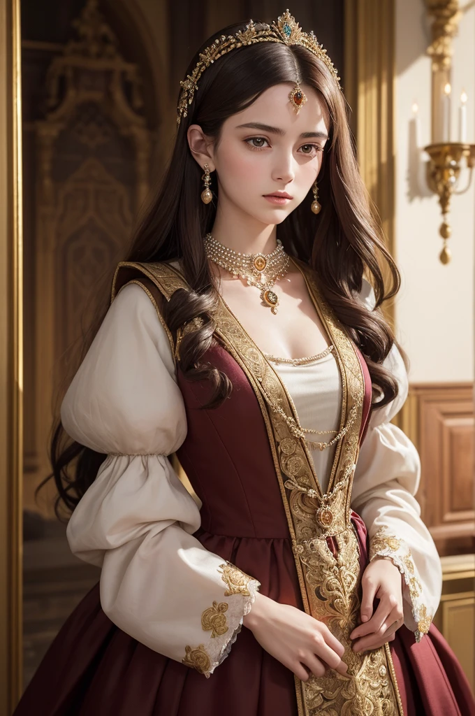 ((Best Quality)), ((Masterpiece)), (detailed),
"Generates an image of a 21-year-old medieval woman, inspired by Joan of Burgundy. She has dark brown hair, up in an elaborate Renaissance hairstyle adorned with jewels and pearls. His face has fine features and a serene expression., with deep eyes that reflect determination and wisdom. She is wearing a luxurious late Gothic style dress., with puffed sleeves and a fitted bodice decorated with gold embroidery and precious stones. In his neck, He wears a gold necklace with an intricately designed pendant. His posture is regal and his presence conveys power and elegance., typical of a prominent figure at the Renaissance court of Burgundy."