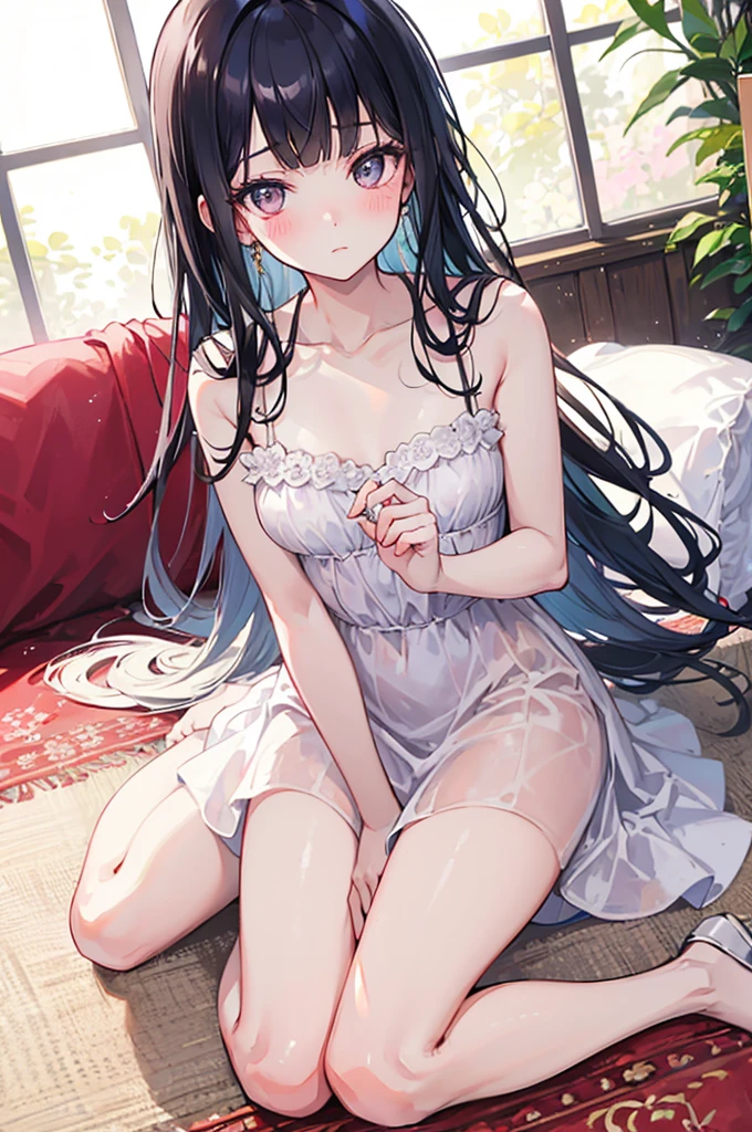 A woman with big ，Lovely daughter，blunt bangs, straight hair, long hair，Loli，Bow，clavicle，Large chest，(Small dress)，weak，Well-behaved and cute，blush，Bright Light，Sitting on the living room carpet，Hot summer，