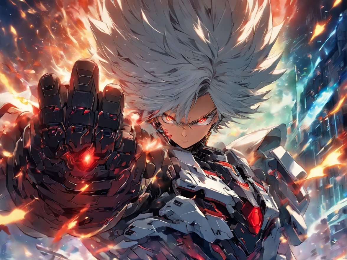  HIGH QUALITY ARTWORK OF White-Haired-Red-Eyed Boy, fighting to the death, intense combat supernatural movement, epic battle with blood on his face, anger and hatred abound in his heart fighting in a military base of different levels in a futuristic fantasy world, mecha armor, spaceships, weaponry blood fire good, 