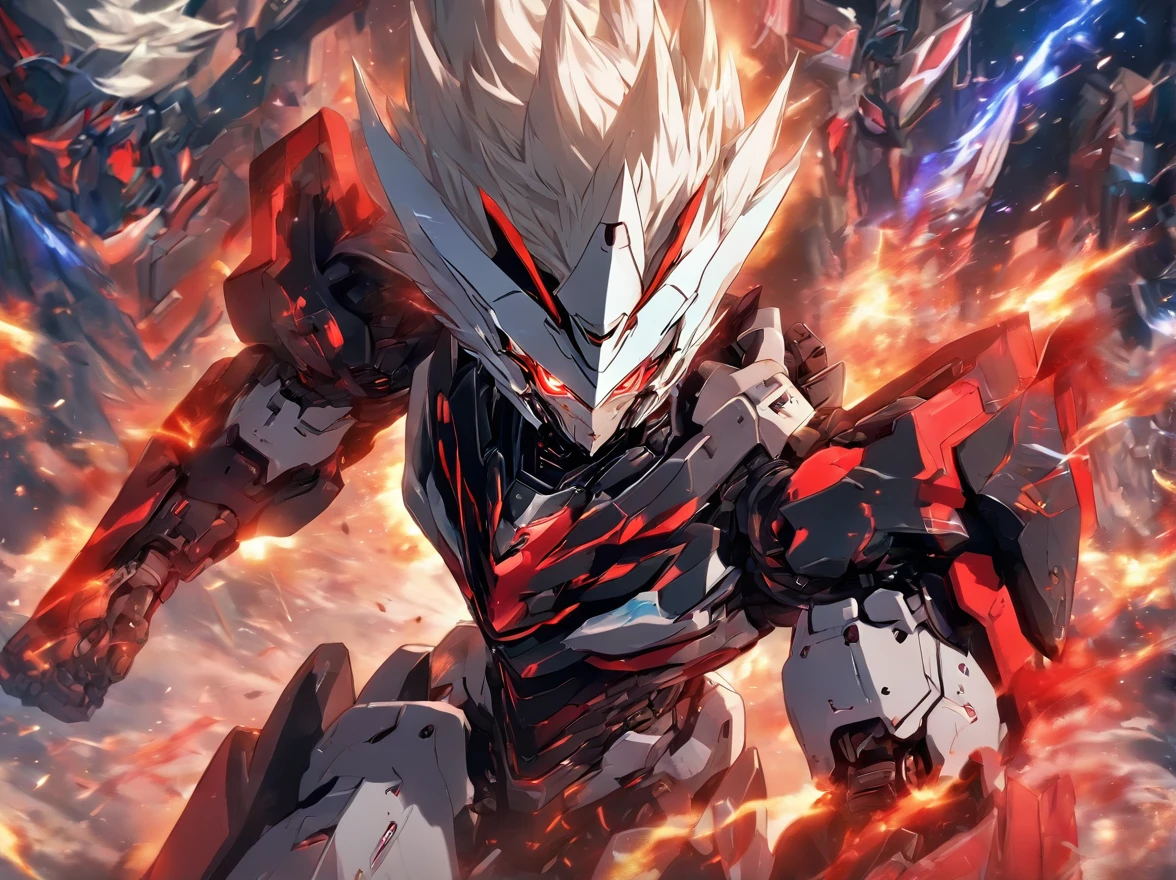 HIGH QUALITY ARTWORK OF White-Haired-Red-Eyed Boy, fighting to the death, intense combat supernatural movement, epic battle with blood on his face, anger and hatred abound in his heart fighting in a military base of different levels in a futuristic fantasy world, mecha armor, spaceships, weaponry blood fire good,