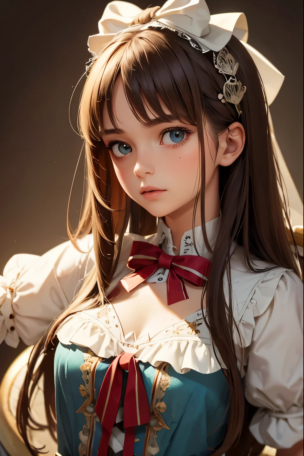 1girl, masterpiece, best quality, 8k, detailed skin texture, detailed cloth texture, beautiful detailed face, intricate details, ultra detailed, Alice in Wonderland, (a bow on her head:1.1), upper body