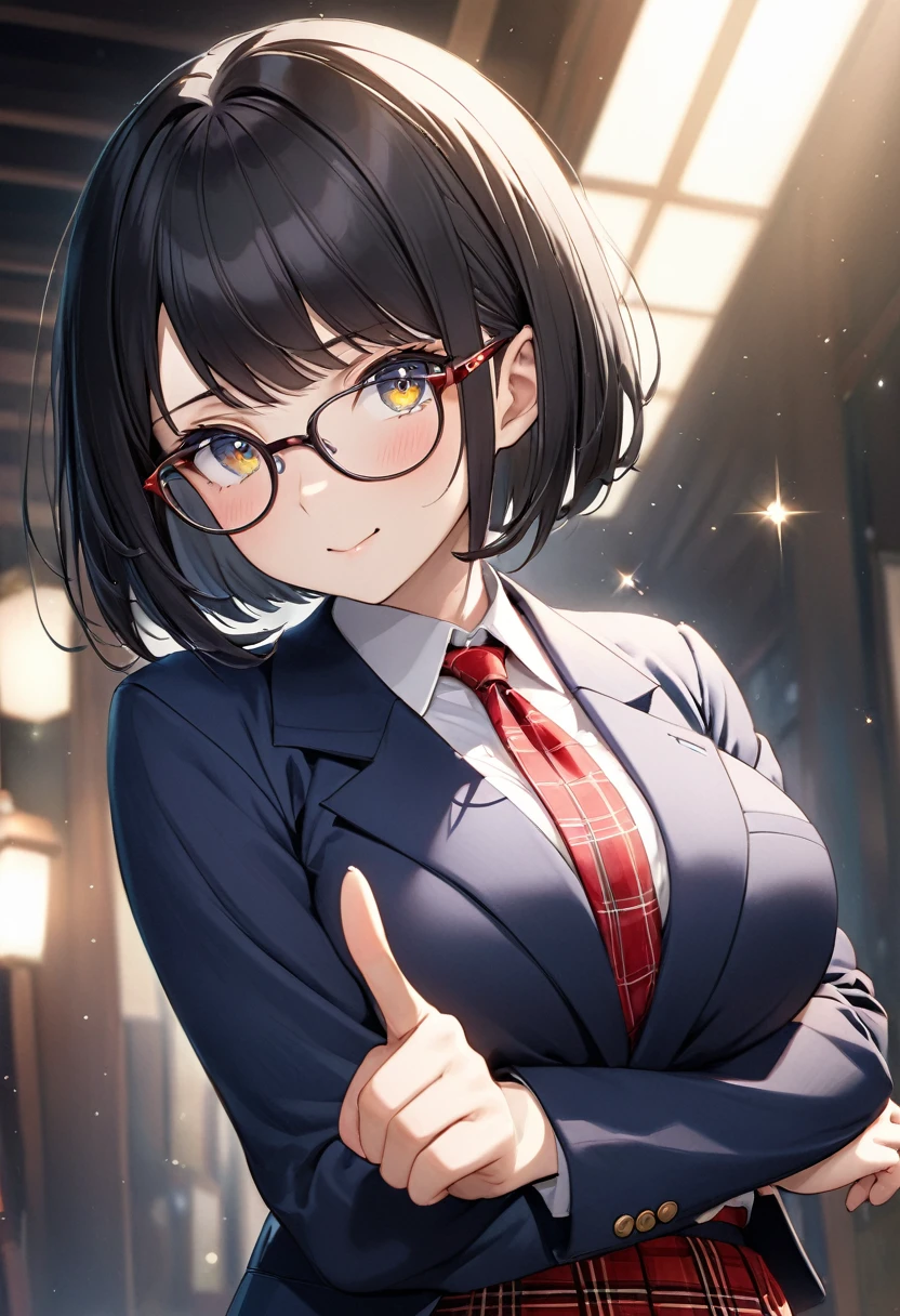 (Beautiful 18 year old Japanese woman), Cute Face, Navy Blue Blazer,Ribbon tie,Red tartan check skirt, Glasses,(Deeply chiseled face:0.7), (freckles:0.6), Soft Light,Healthy white skin, Black Hair,Bobcut,, (Sparkling eyes), thin,Very large breasts,,crossed arms,Pointing finger