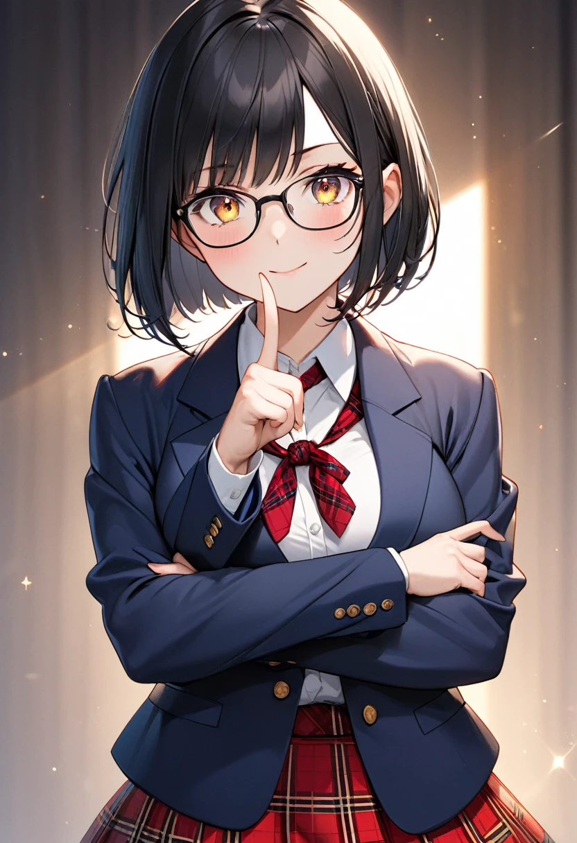 18 yeaes old, a woman, ponytail, Black Hair, Glasses, Mouth open in surprise,(front),Reach for the camera,Trying to hold hands,Navy blue blazer, White shirt, Navy blue long skirt, high school student,No background