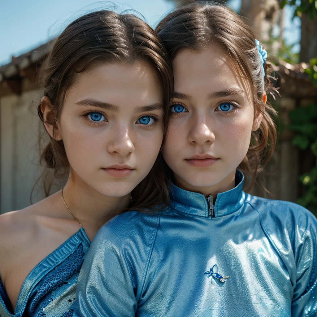 a cute 10 year old girl with beautiful blue eyes hugging her 4 year old sister who also has beautiful blue eyes in the forest with butterflies fluttering around them