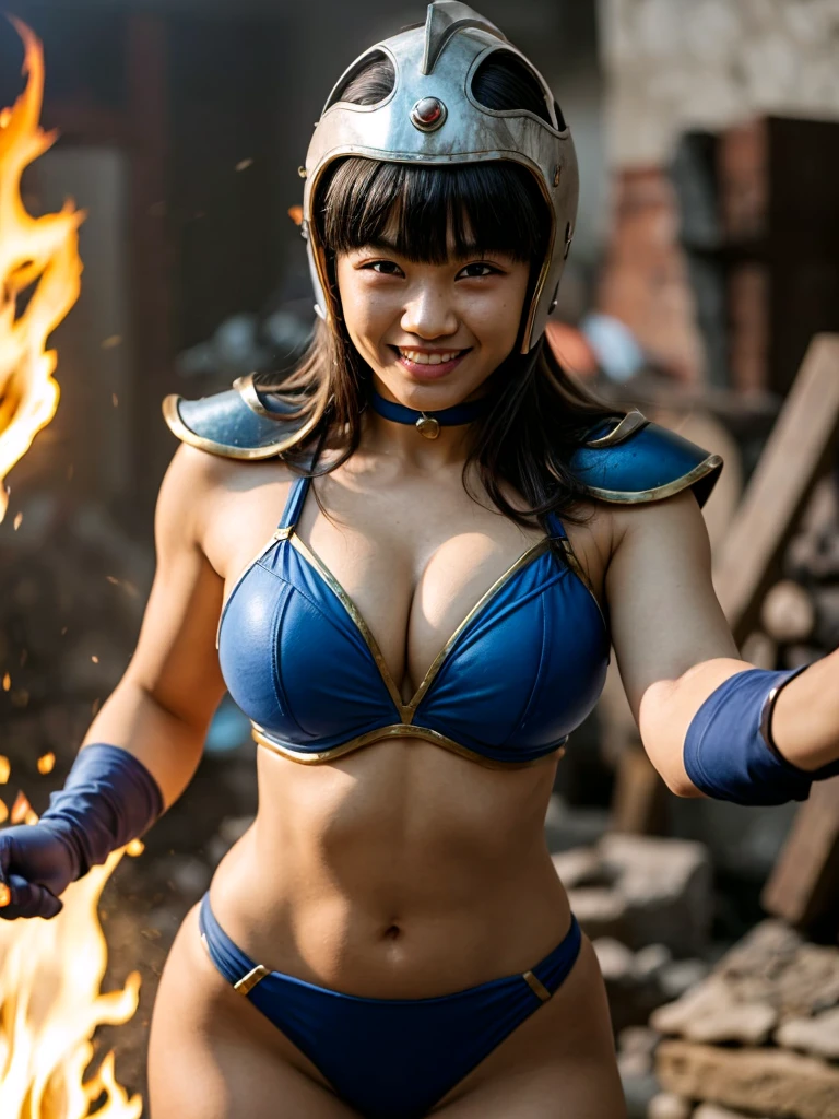 (ultra realistic,32k, masterpiece:1.2),(high detailed skin:1.1),( high quality:1.1),12 year old,smile
chi chi, (black eyes:1.5), black hair, long hair, hime cut, blunt bangs, sidelocks,armor, bikini armor, cape, collarbone, gloves, helmet, navel, pauldrons, shoulder armor, cleavage,,fighting stance pose, huge breast,large breast,,(volumetric lighting:1.1), emberstone forge, fiery embers, molten craftsmanship, domain of master blacksmiths, blurry background,
