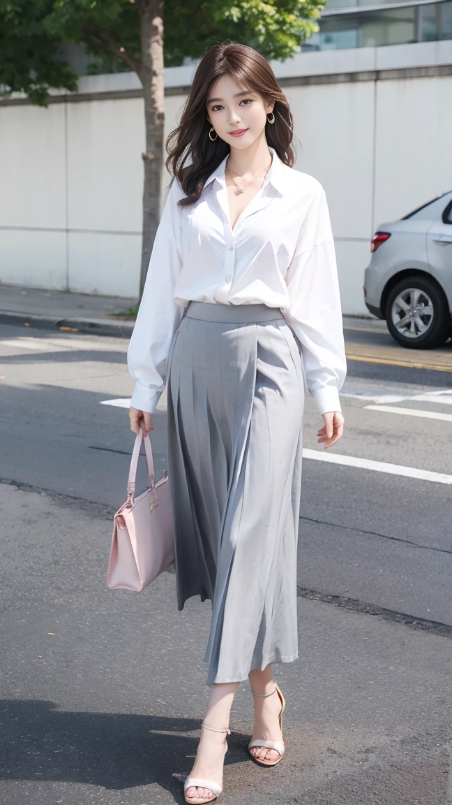 (Highest quality、 8k 、masterpiece、High resolution)、Young lovely woman、Ample breasts、Smooth and unnoticeable collarbone、Slender beauty、(Brown hair medium、My hair is blowing in the wind、Flows backwards)、Full Body Shot、 (Beautiful Face,Beautiful Eyes,Beautiful nose,Pretty lips)、(Stephanie hoove earrings、silver heart necklace)、((Official Casual、knit、shirt、slacks、skirt、Black or white、Finish with basic colors such as pink))、Has an official bag、Her mouth opens slightly and a smile appears.、Nice pose、Building district、office Street、looking at the camera、Professional Lighting、Professional photographer、Detailed CG、