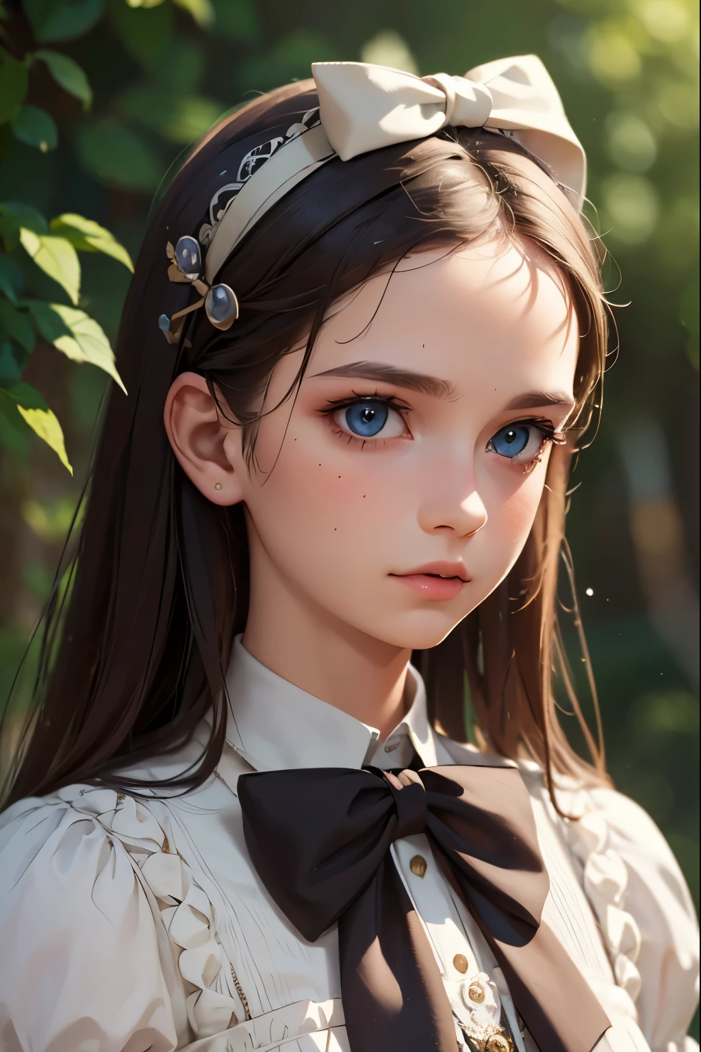 1girl, masterpiece, best quality, 8k, detailed skin texture, detailed cloth texture, beautiful detailed face, intricate details, ultra detailed, Alice in Wonderland, (a bow on her head:1.1), upper body