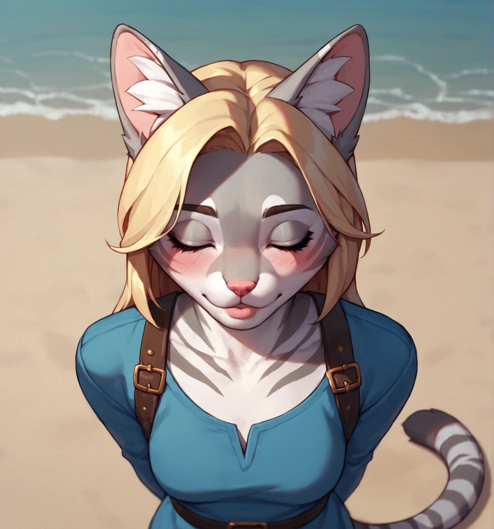 score_9,score_8_up,score_7_up, score_6_up, score_5_up,source_anime, Kat, Anthro furry feline, silver fur, grey stripes on body, blonde hair, pink nose, :3, 1girl,solo, incom, imminent kiss, closed eyes, facing viewer, parted lips,from above, cowboy shot, blushing, head tilted up, about to kiss viewer, she is wearing a blue tunic, leather belts, hands behind her back, head facing viewer, head up, outdoors, close up, portrait,