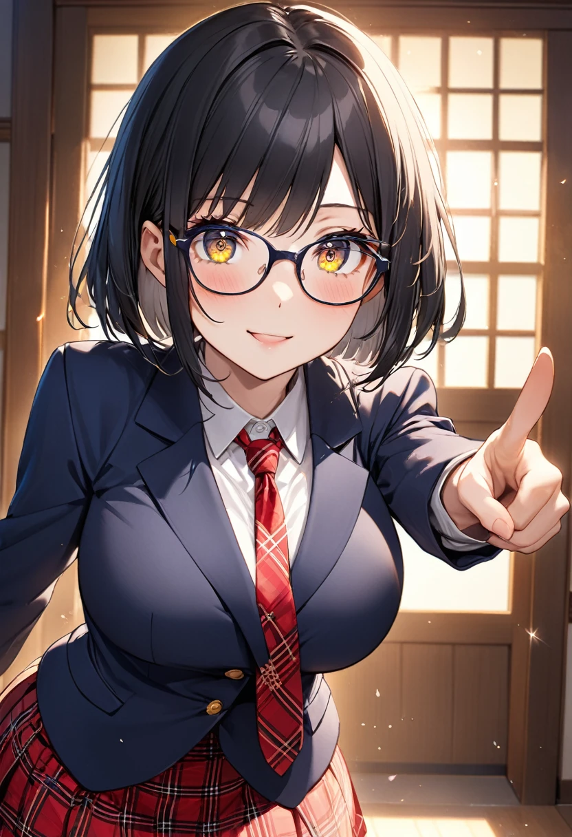 (Beautiful 18 year old Japanese woman), Cute Face, Navy Blue Blazer,Ribbon tie,Red tartan check skirt, Glasses,(Deeply chiseled face:0.7), (freckles:0.6), Soft Light,Healthy white skin, Black Hair,Bobcut,, (Sparkling eyes), thin,Very large breasts,Pointing finger