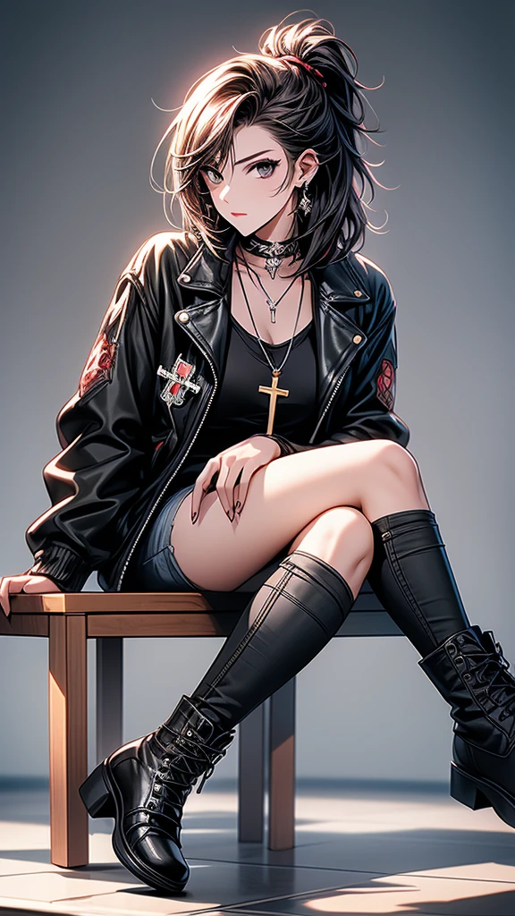 masterpiece, high-quality, high-definition, high-resolution, anime style, warm color palette, //Character
(1 cool girl is s sitting cross-legged:1.4)
BREAK
//Fashion
Edgy Bee Punk Rocker,
Rock a black leather jacket adorned with edgy bee patches or embroidery, giving the costume a punk rock vibe,
BREAK
Pair the jacket with a graphic tee or tank top featuring bold bee imagery or patterns, adding a rebellious element to the ensemble,
BREAK
Opt for distressed or ripped jeans for a punk-inspired edge, creating a casual and edgy aesthetic,
BREAK
Complete the look with black combat boots, enhancing the punk rocker vibe and providing a bold finishing touch,
BREAK
Wear a choker necklace with a bee pendant, adding a subtle yet distinctive accessory that ties into the overall theme,
BREAK (Background is richly drawn and delicate),