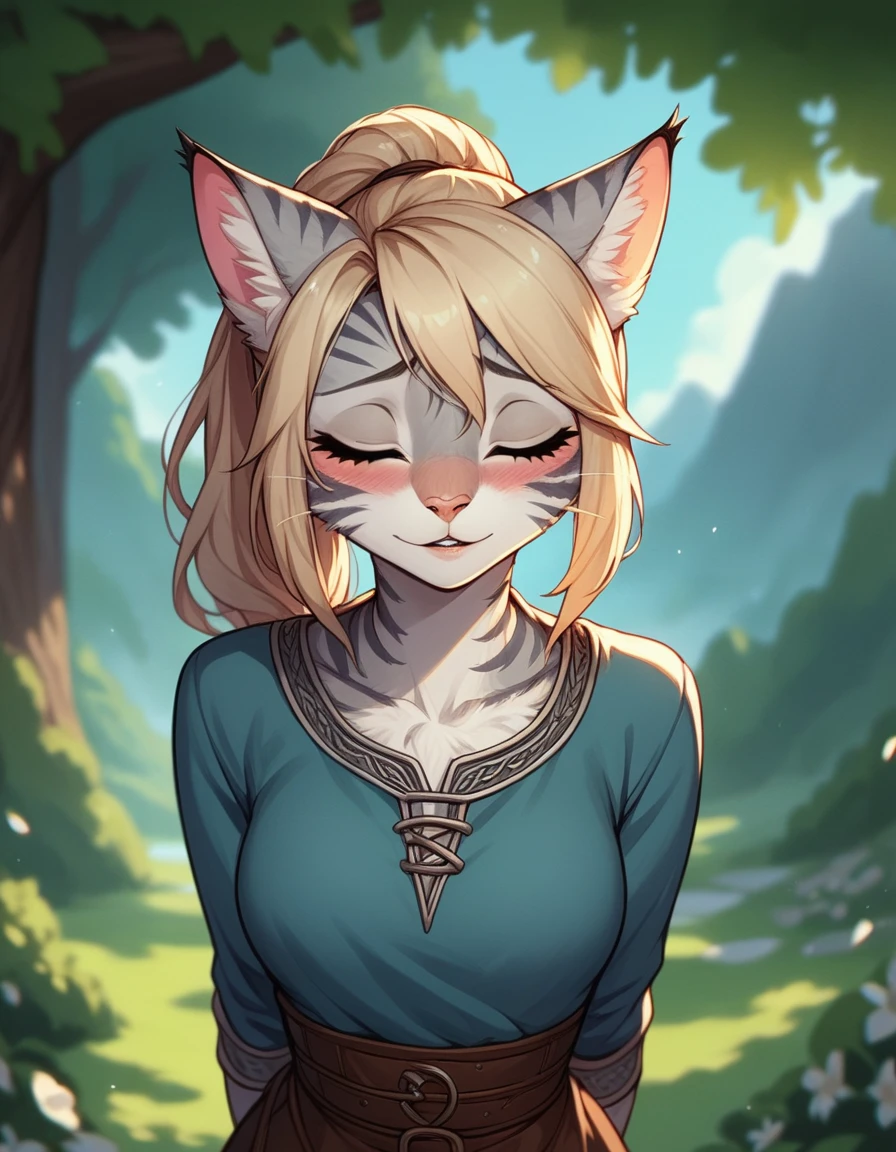 score_9,score_8_up,score_7_up, score_6_up, score_5_up,source_anime, Kat, Anthro furry feline, silver fur, grey stripes on body, blonde hair, pink nose, :3, 1girl,solo, incom, imminent kiss, closed eyes, facing viewer, parted lips, cowboy shot, blushing, head tilted up, about to kiss viewer, she is wearing a blue tunic, leather belts, hands behind her back, head facing viewer, head up, outdoors,