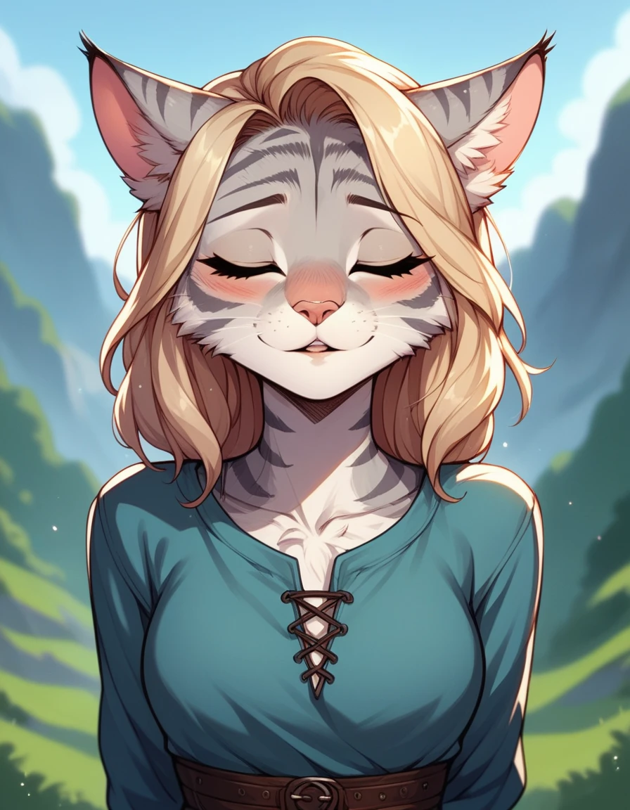 score_9,score_8_up,score_7_up, score_6_up, score_5_up,source_anime, Kat, Anthro furry feline, silver fur, grey stripes on body, blonde hair, pink nose, :3, 1girl,solo, incom, imminent kiss, closed eyes, facing viewer, parted lips, cowboy shot, blushing, head tilted up, about to kiss viewer, she is wearing a blue tunic, leather belts, hands behind her back, head facing viewer, head up, outdoors,