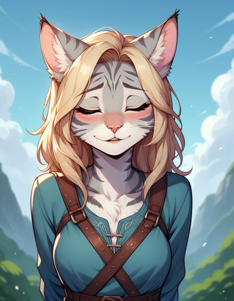 score_9,score_8_up,score_7_up, score_6_up, score_5_up,source_anime, Kat, Anthro furry feline, silver fur, grey stripes on body, blonde hair, pink nose, :3, 1girl,solo, incom, imminent kiss, closed eyes, facing viewer, parted lips, cowboy shot, blushing, head tilted up, about to kiss viewer, she is wearing a blue tunic, leather belts, hands behind her back, head facing viewer, head up, outdoors,
