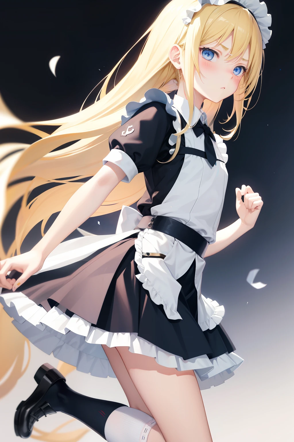 Anime style  , young girl,   girls,  very long blonde hair frinje,  blue eyes  , disgusted face, blush  , maid uniform,  flat chest,  lifting her skirt showing pantie,  garterbelt  , long socks.  Impregnation 