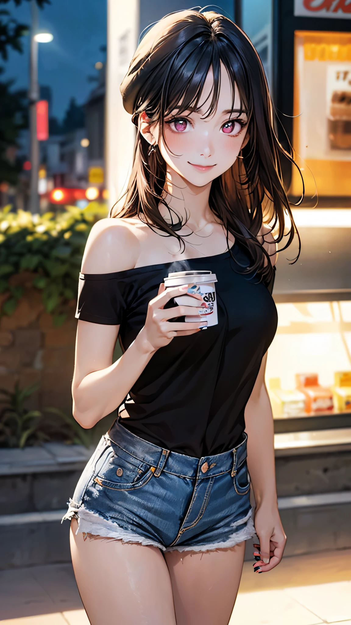 Amazing portrait of a sexy woman wearing her long straight luscious black hair, seductively gazing and smiling, soft lips, parted, blushing intensely, smiling, white t shirt, grey cardigan, baggy jeans, medium chest, perfect body