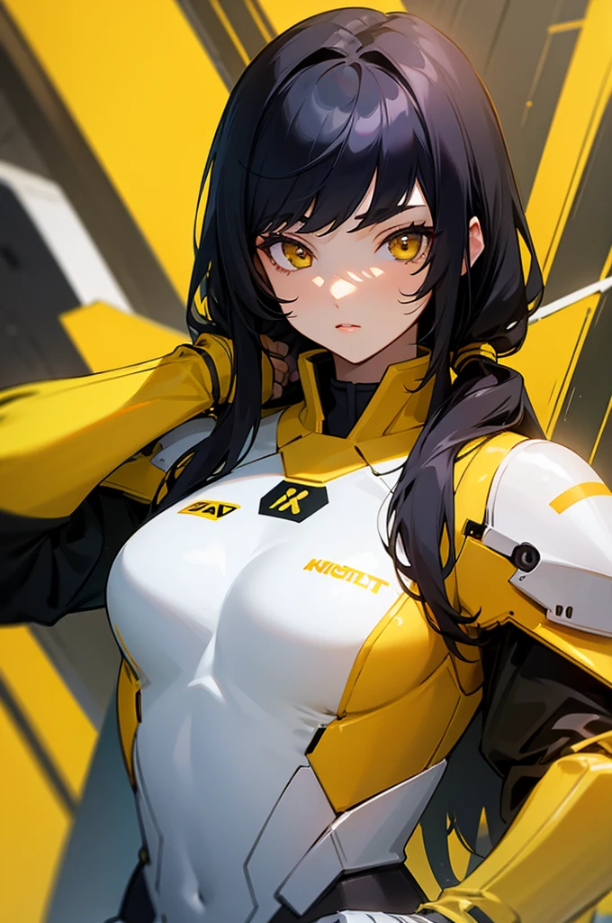 masterpiece, best quality, high quality, 1girl, female focus, looking at the viewer, upper body, black hair, yellow eyes, Knight suit