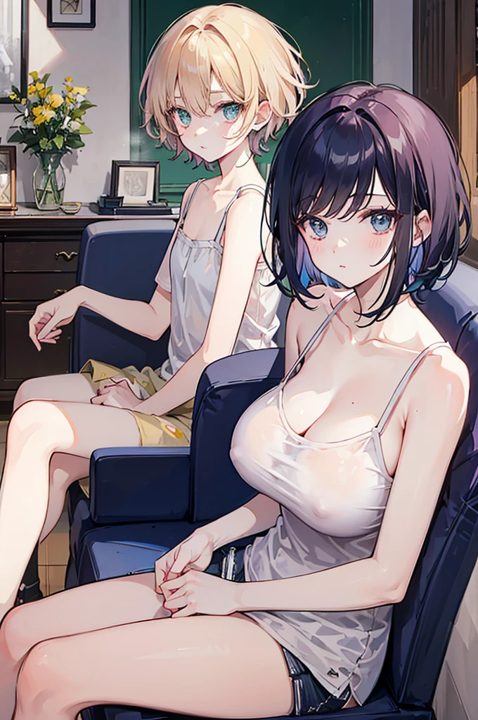 (sister and brother),A woman with big ,A boy with short hair,They wear camisole tops,Sit side by side,living room,(nsfw:0.8),
