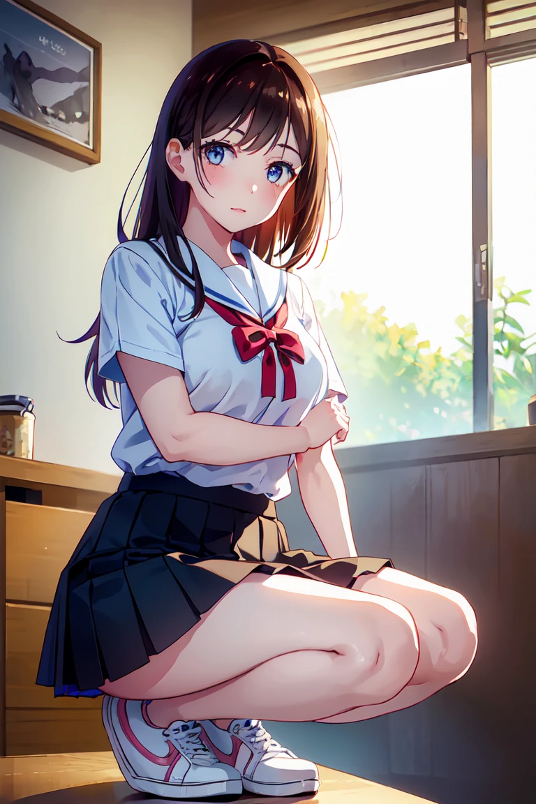 Anime girl sitting on bench in uniform, beautiful anime girl squatting, beautiful anime high school girl, the anime girl is crouching, Seductive Anime Girl, a hyperrealistic schoolgirl, a hyperrealistic schoolgirl, Cute anime girl, Cute Schoolgirl, Realistic Schoolgirl, charming anime girls, Smooth Anime CG Art, pretty anime girl, beautiful alluring anime teen