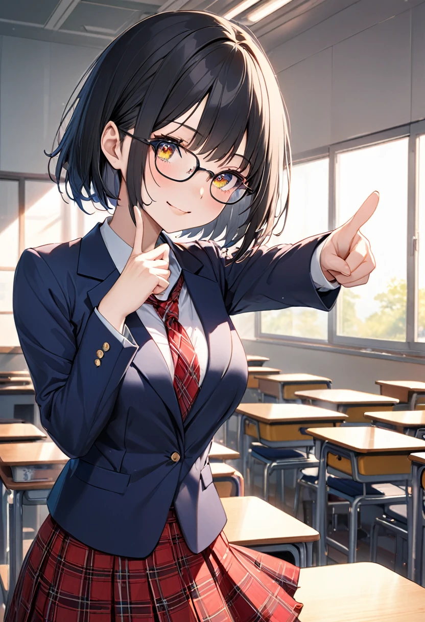 (Beautiful 18 year old Japanese woman), Cute Face, Navy Blue Blazer,Ribbon tie,Red tartan check skirt, Glasses,(Deeply chiseled face:0.7), (freckles:0.6), Soft Light,Healthy white skin, Black Hair,Bobcut,, (Sparkling eyes), thin,classroom,Very large breasts,Pointing finger