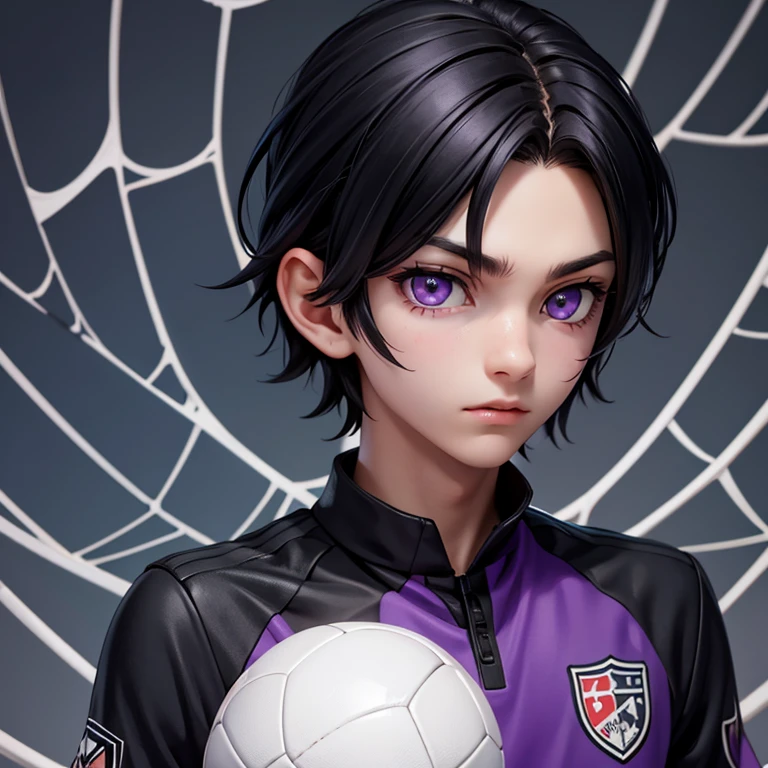 1boy, black hair, soccer uniform, purple eyes , very whiteskin , over spider web