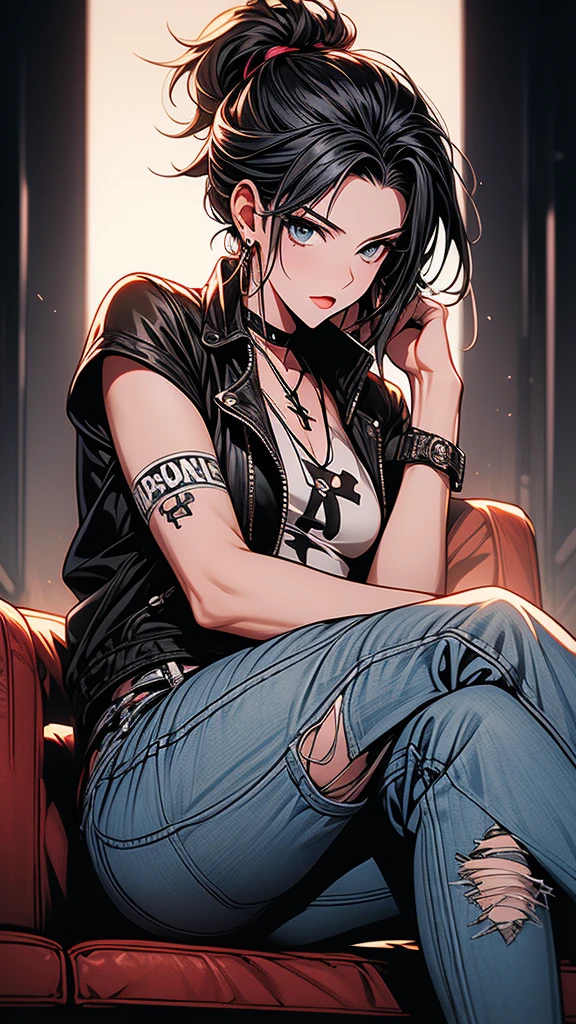 masterpiece, high-quality, high-definition, high-resolution, anime style, warm color palette, //Character
(1 cool girl is s sitting cross-legged:1.4)
BREAK
//Fashion
Edgy Bee Punk Rocker,
Rock a black leather jacket adorned with edgy bee patches or embroidery, giving the costume a punk rock vibe,
BREAK
Pair the jacket with a graphic tee or tank top featuring bold bee imagery or patterns, adding a rebellious element to the ensemble,
BREAK
Opt for distressed or ripped jeans for a punk-inspired edge, creating a casual and edgy aesthetic,
BREAK
Complete the look with black combat boots, enhancing the punk rocker vibe and providing a bold finishing touch,
BREAK
Wear a choker necklace with a bee pendant, adding a subtle yet distinctive accessory that ties into the overall theme,
BREAK (Background is richly drawn and delicate),