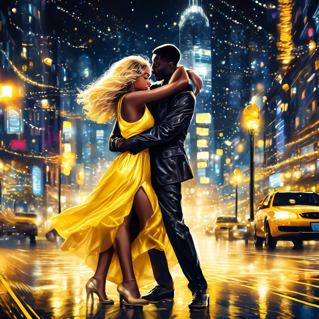 (best qualityer, work of art, high resolution:1.3), detailded, couple in love, young woman with black skin, latina, dress a yellow dress, young man with white skin blond hair falling over his face. In the background a city full of lights at night.