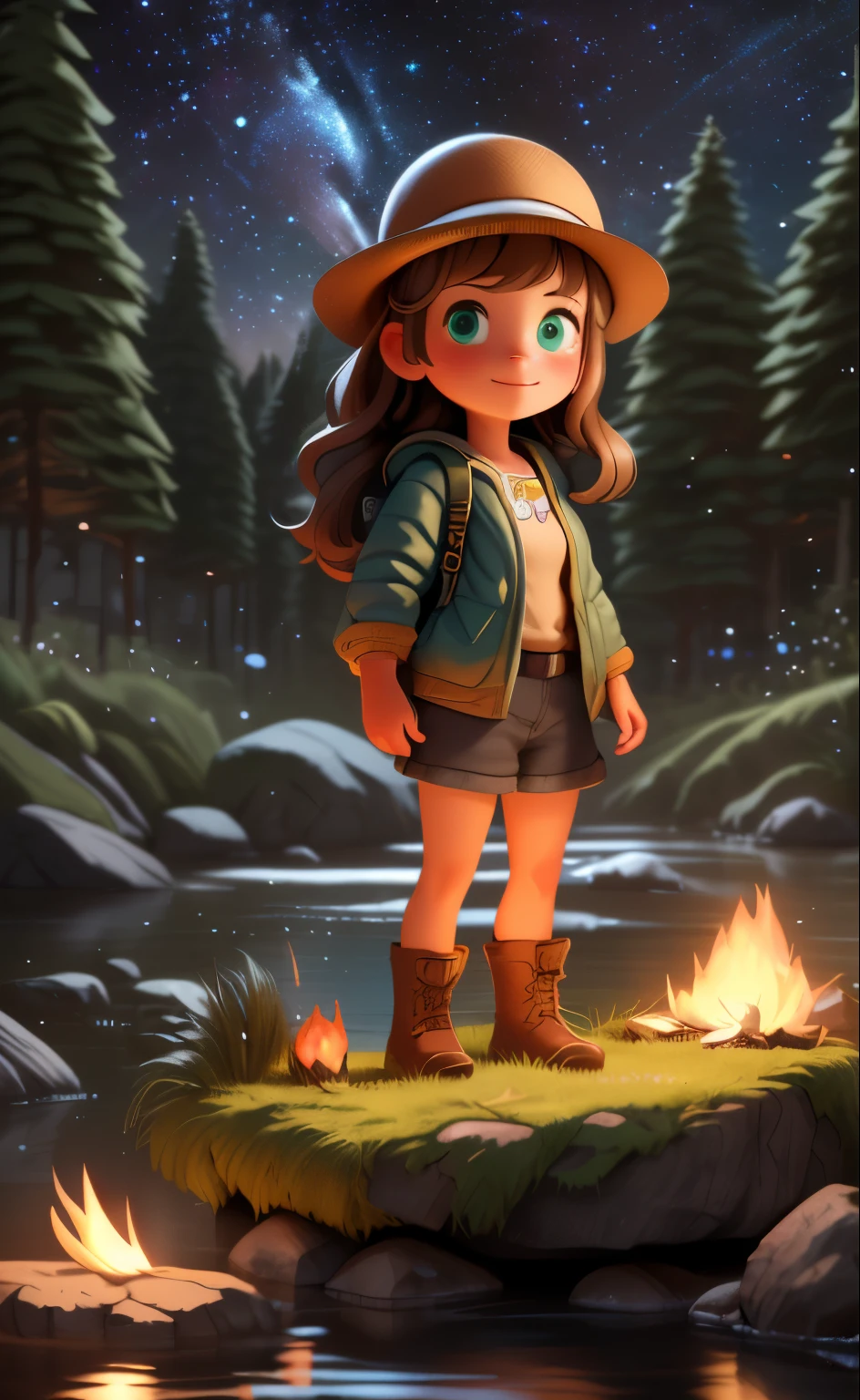 Masterpiece, Best quality, Ultra-detailed, illustration, 1girll, Solo, Outdoors, camping, Night, Mountains, Nature, stars, Moon, bonfires, tenten, double-ponytail, Green eyes, cheerful big breasts, cheerfulness, Backpack, sleeping bag, Camping stove, Water bottle, Mountain boots, mitts, Sweater, Hat, Flashlight, forest, Rocks, River, wood, Smoke, Shadows, Contrast, Clear sky, constellation, Milky Way, Peaceful, serene, Quiet, tranquil, Remote, secluded, Adventurous, exploration, escape, independence, Survival, resourcefulness, challenge, perseverance, endurance, endurance, Observation, intuition, Adaptability, creativity, imagination, Artistry, Inspiration, Beauty, in awe, Wonder, Gratitude, Appreciation, unwind, Enjoyment, rejuvenation, Mindfulness, Awareness, Connection, Harmony, balance, Texture, detail, Realism, Depth, Perspective, composition, Color, Light, black shadows, Reflection, refractions, Ton, Contrast, foreground, Middle ground, Background, Naturalistic, Figurative, representational, impressionistic, expressionistic, abstracted, Innovative, Experimental, Unique