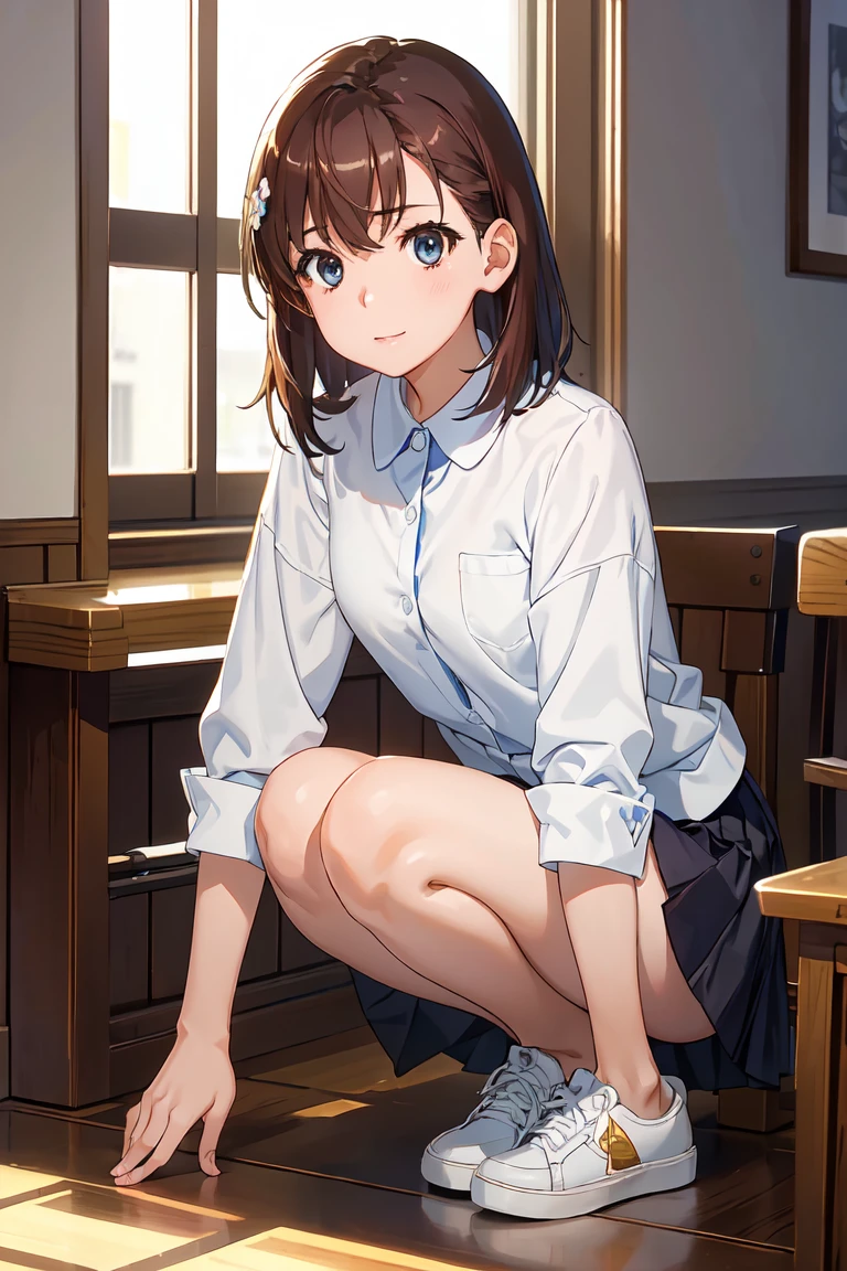 (Browsing Caution:0.99)、beautiful girl, (Roll up your skirt), Looking into the camera, Angle from below, Short skirt, Squat, A shy smile, Japanese , Beautiful Skin, ((Highest quality, 16K, Tabletop: 1.3)), 1 girl, The light shines on your face, Highly detailed face, Highly detailed lips, Beautiful Eyes、Realistic Skin、Cute design panties、shaving、Mr.々Hair style、Different color uniforms、Natural clothes、Vans Sneakers、bite、Detailed panties