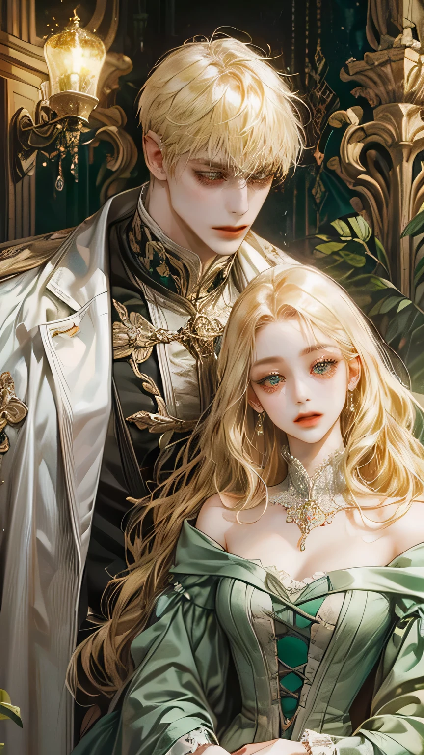 8k, complex, elegant, Very detailed, majestic, digital photography, surreal painting, victorian mansion, palace, detailed background, clear sky, beige mansion, (masterpiece, side light, fine and beautiful eyes: 1.2), HdR, (ojos verde brights)), victorian dress, ( bright), elegant girl, cana, musculature, White skin, elegant, in front of the camera, masterpiece, different hair colors, BLACK hair men black hair, WOMAN WITH LONG BLONDE HAIR Cascading Down Her Shoulders, notable height difference, thin girl, robust muscular boy, wide shoulders, muscles, manly mature face, half body