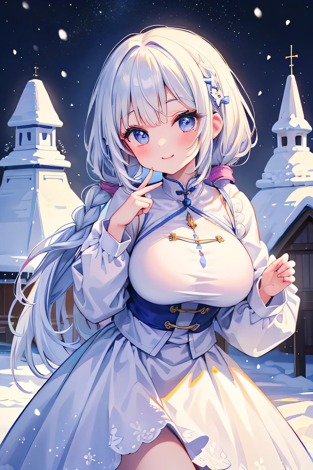 Highest quality、High resolution、Detailed Background、mysterious、(Beautiful face in every detail:1.4)、Anatomically correct、(Normal number of fingers:1.2)、Highly detailed face、Detailed eyes、Teenage beauty、(Huge breasts:1.2)、Perfect body line、Light color hair、Braided bob cut、Braided Ponytail、well-groomed eyebrows、cute gesture、Natural beauty、Sapporo Snow Festival、Snow Festival、Illuminated snow sculptures、Fun atmosphere、A big smile、Cowboy Shot、
(Three girls with a big smile enjoying the Snow Festival:1.5)、
As snowflakes flutter、A girl and her friends visit the Snow Festival in Sapporo、Taking commemorative photos in front of the large snow sculptures and admiring the intricate snow formations、The cheers of children enjoying playing in the snow echoed throughout the venue.、The sight of children building snowmen and having snowball fights is eye-catching.、A girl happily walking around, interacting with other children、cute