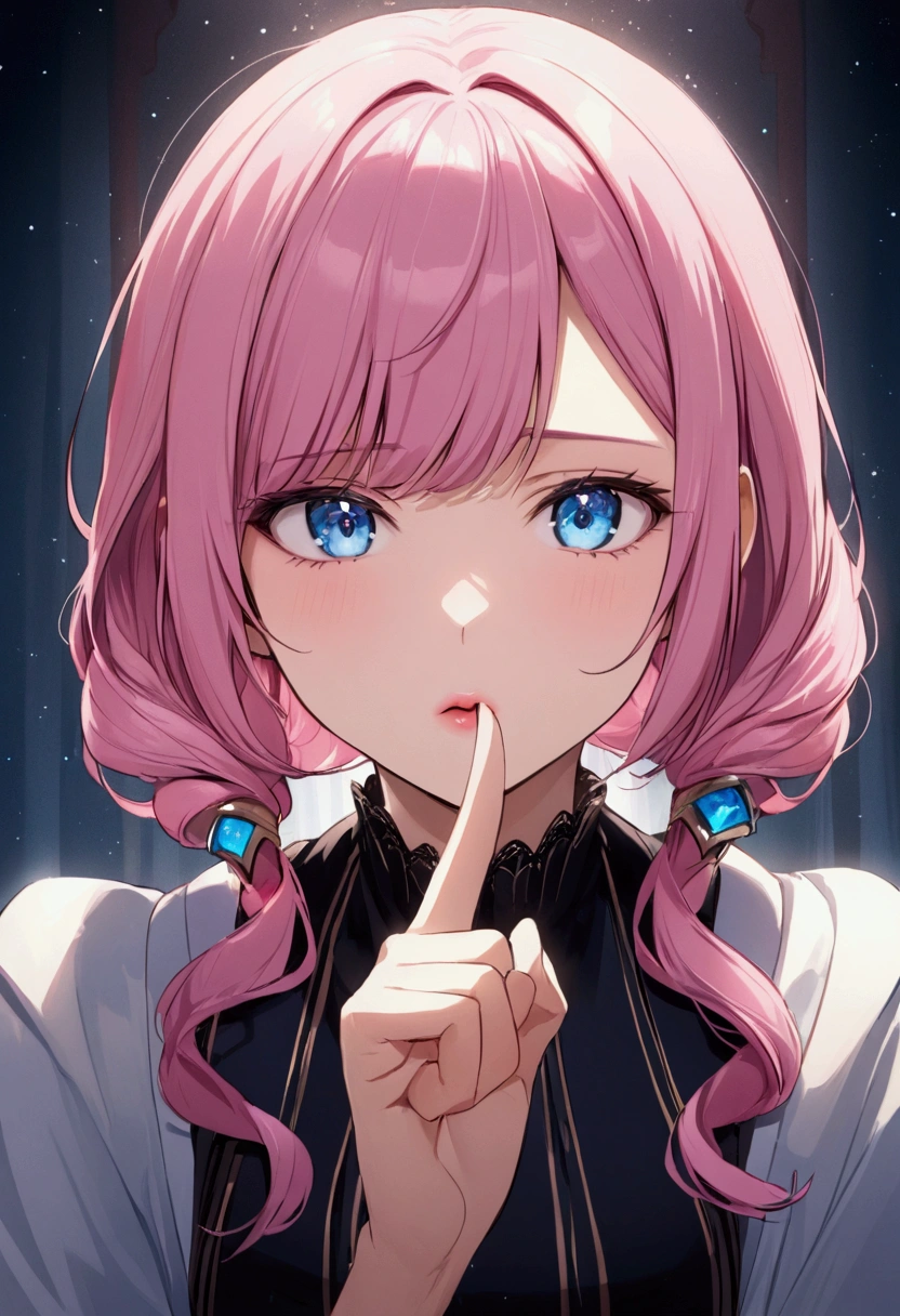 Close your eyes、Place your index finger on your lips、Girl with pink hair、blue eyes、Twin Drill、A scene from a movie