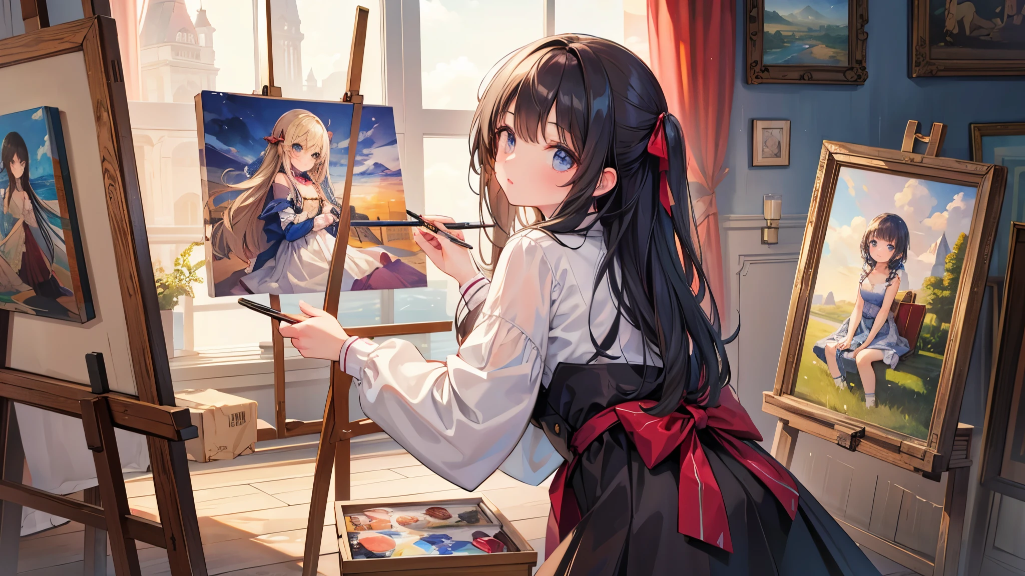 best quality, highres, masterpiece,Girl painting on canvas,turn around