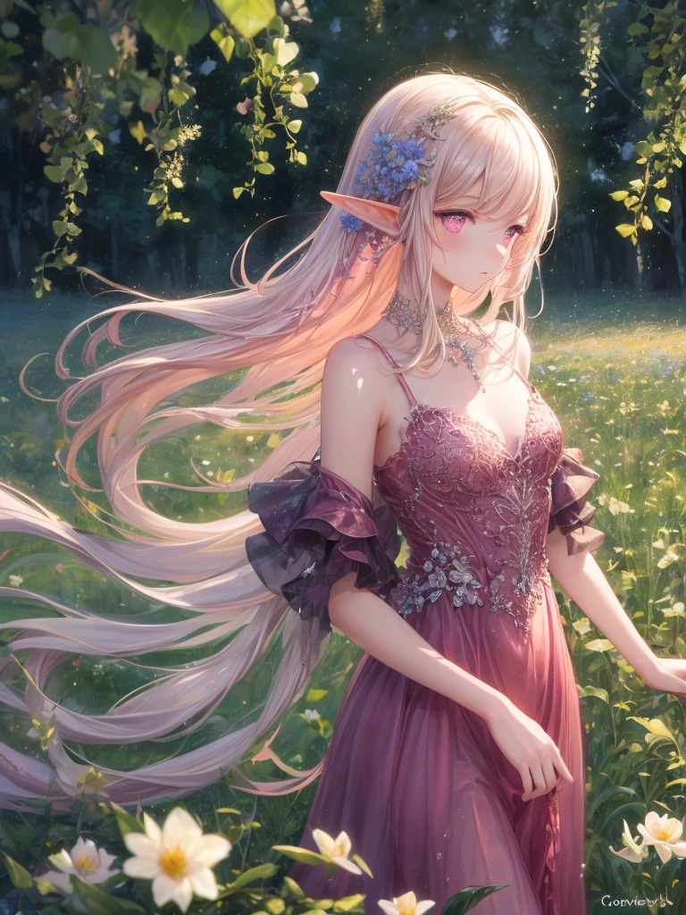 art by Cornflower,(masterpiece),(highest quality:1.2),(Perfect Anatomy),(1 Girl),elf,Beautiful and detailed pink eyes,Beautiful pink hair,(pink dress),(Highly detailed elegant),Classic Style,Rich colors,Vibrant texture, Detailed skin,Add a dramatic and symbolic element to your scene, Written boundary depth, Silky to the touch,Dynamic Composite,Delicate texture,Standing in a field of green plants and flowers,Warm lighting