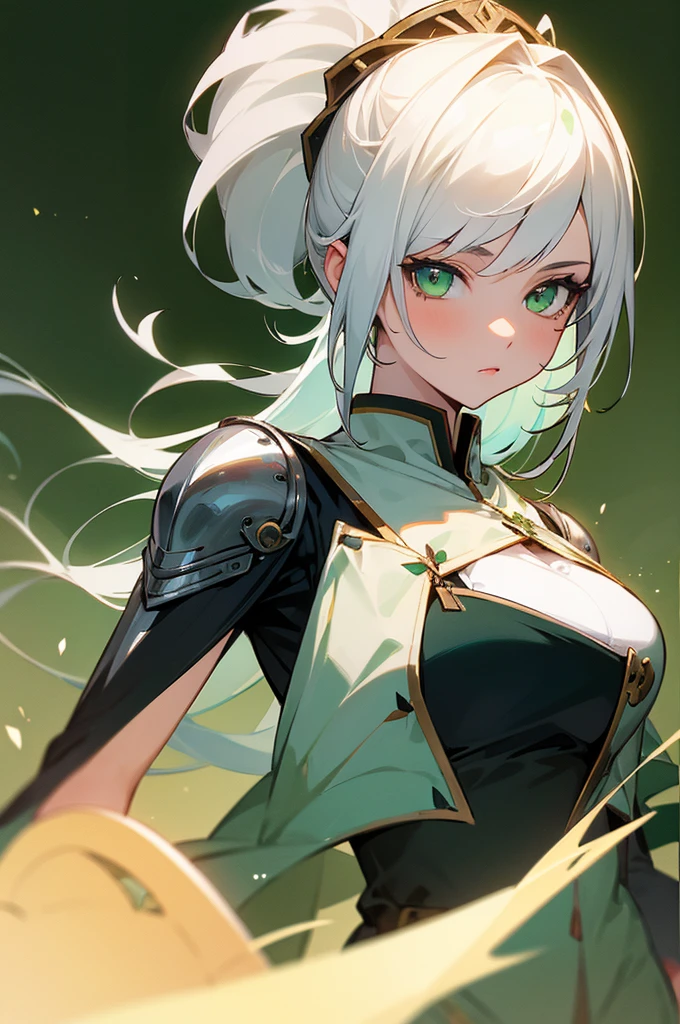masterpiece, best quality, high quality, 1girl, female focus, looking at the viewer, upper body, White hair, Green eyes, Knight suit, medieval background.