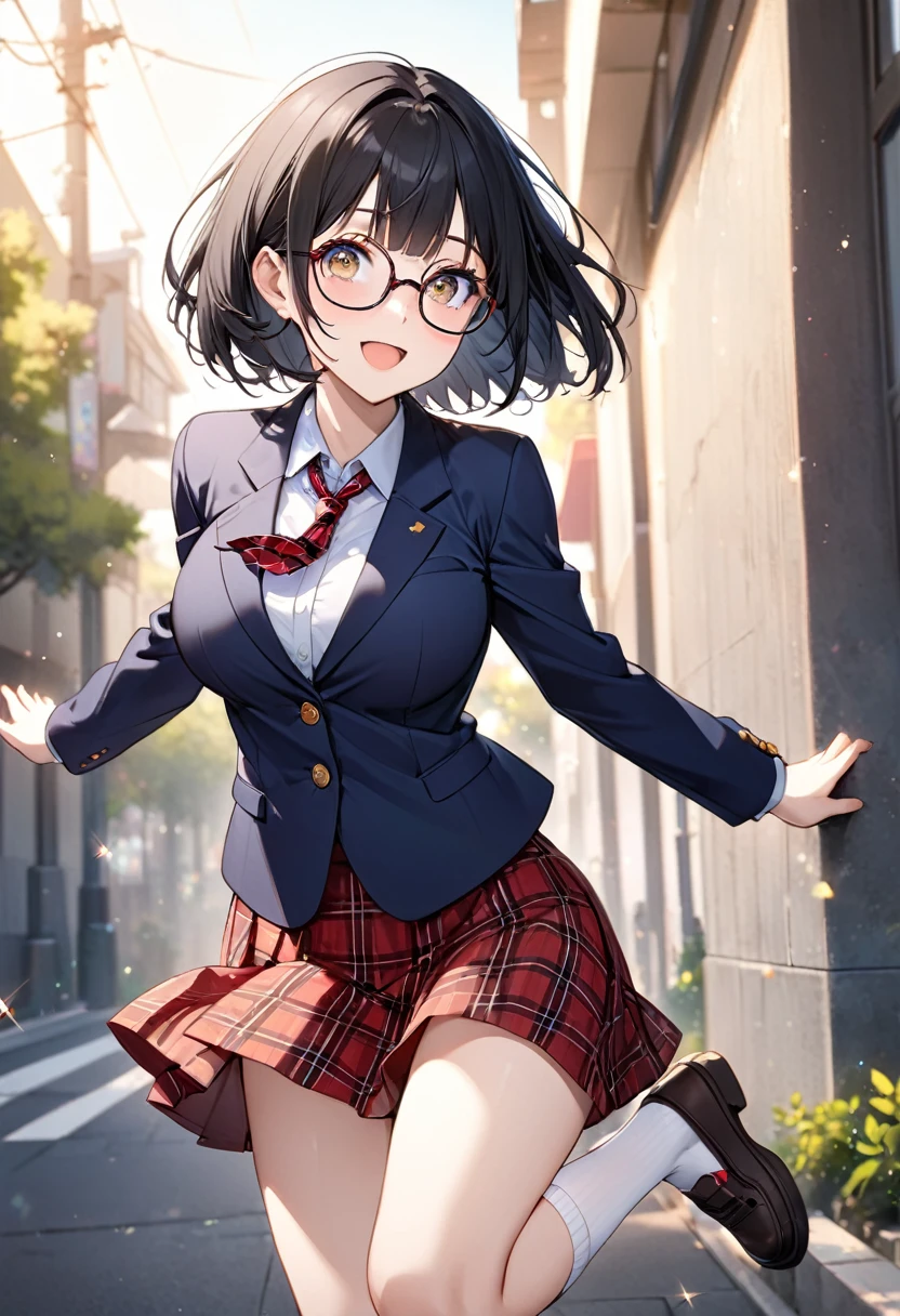 (Beautiful 18 year old Japanese woman), Cute Face, Navy Blue Blazer,Ribbon tie,Red tartan check skirt, tiny socks,Glasses,(Deeply chiseled face:0.7), (freckles:0.6), Soft Light,Healthy white skin, Black Hair,Bobcut,, (Sparkling eyes), thin,Outdoor,Very large breasts,Jump