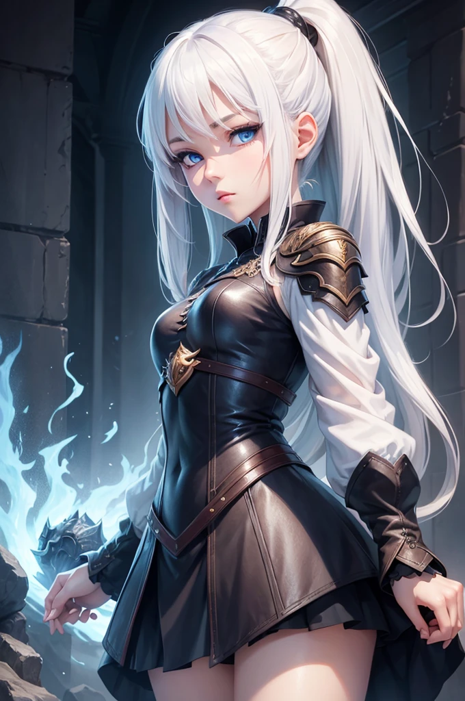 Girl with dragon features, , white hair and blue eyes (anime style drawing)